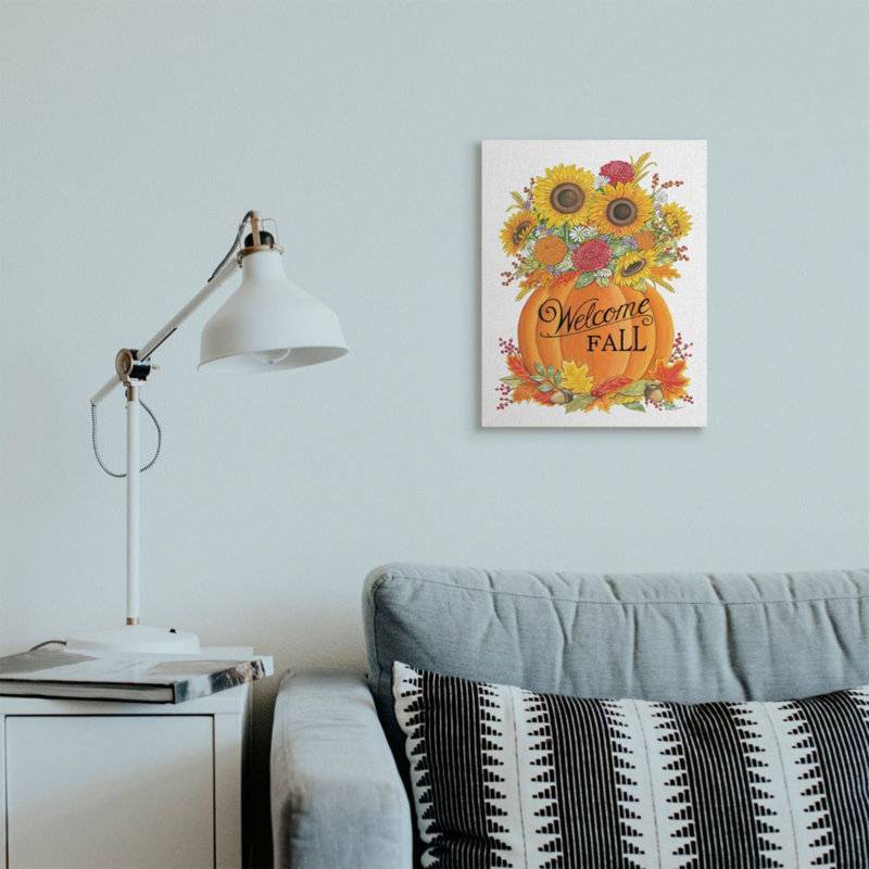 «Welcome Fall Expression Autumn Pumpkin Sunflower Florals» par Deb Strain - impression d'art graphique, H 20 po x l 16 po