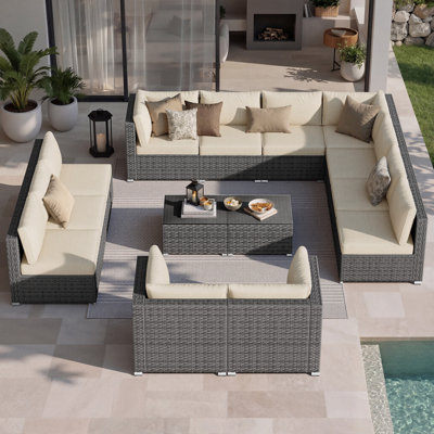 Riyonna 14-Piece Outdoor Wicker Modular Sectional Sofa Set with Tempered Glass Coffee Table and Cushions,Patio Conversation Set For Poolside,Terraces and Backyard