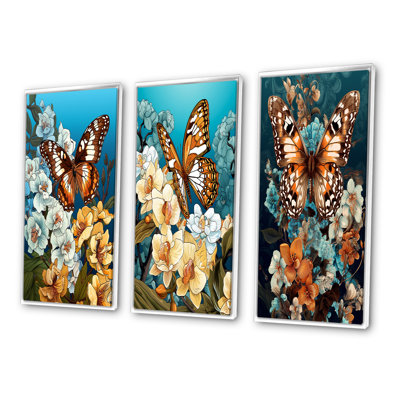 Gracious Brown Butterfly On Orchids Retro - Animals Butterfly Art Set Of 3 Pieces