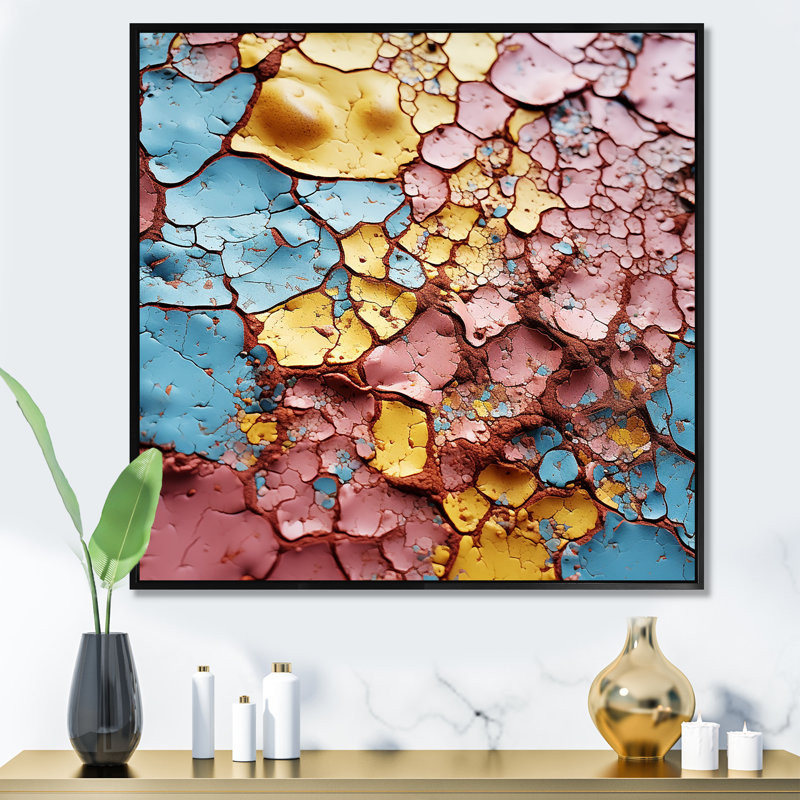 «Rose and Blue Gemstone Fusion», reproduction d'art abstrait mural, Cadre flottant noir, H 16 po x l 16 po x P 1 po