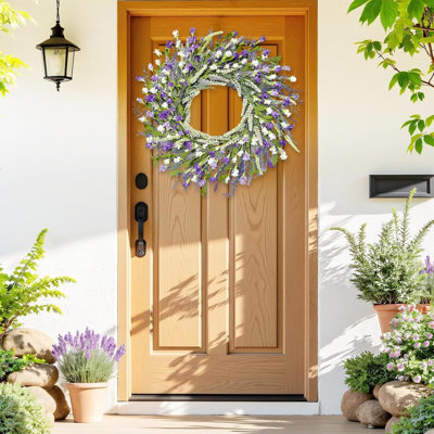 Couronne de printemps et d'été en papier lavande pour porte d'entrée, décor de maison de campagne pour fenêtres, murs, porche, mariage, utilisation intérieure et extérieure toutes saisons