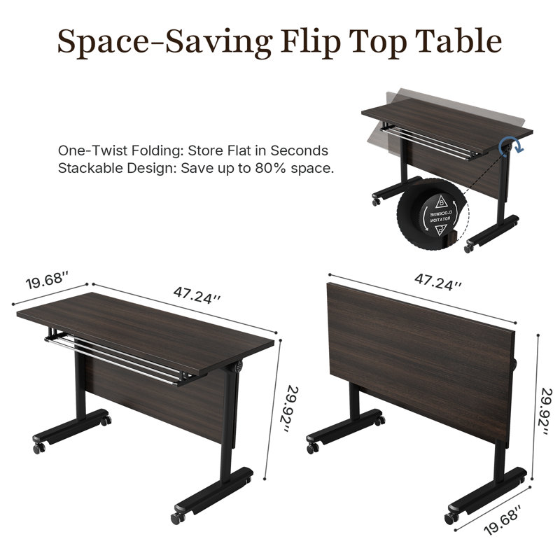 Ensemble de 2 tables de conférence pliantes mobiles de 120 cm (47,24 po), en bois d'ingénierie, avec plateau rabattable, roulettes verrouillables, panneaux de confidentialité et étagères de rangement, fini noyer.