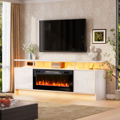 Meuble télé 70 po, meuble télé à deux lumières DEL et console multimédia, pour téléviseur de 90 po ou moins, foyer électrique de 36 po, meuble télé de salon