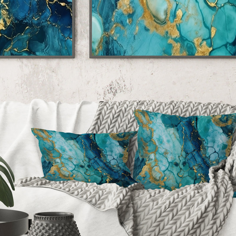 Turquoise, luxe, abstrait, fluide, art VII - coussin décoratif imprimé abstrait