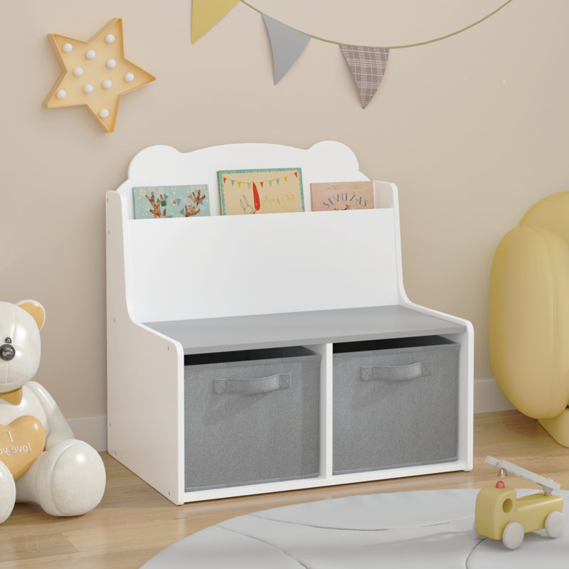 Bibliothèque pour enfants avec bacs de rangement - Bibliothèque en bois avec étagère à livres et 2 bacs en tissu, joli panneau en forme d'ours, organisateur de jouets pour tout-petits et enfants