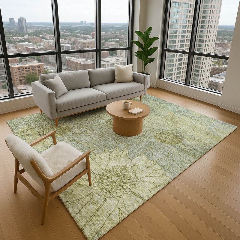 Premium Machine Washable Mayfield AMF2235 Floral Rug, Aloe, 9' x 12'