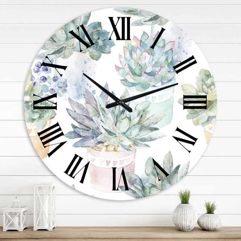 Plantes succulentes aux tons pastel - Horloge murale traditionnelle, Surdimensionné