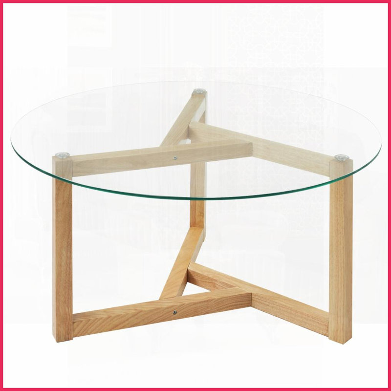 Table basse ronde contemporaine en verre trempé avec base en bois - Assemblage facile en 20 minutes pour le salon, Beige