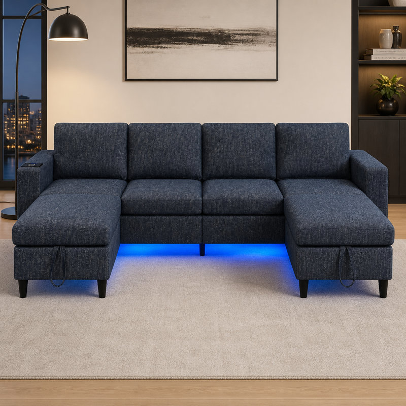Canapé modulaire de 109 po pour le salon, canapé modulaire 4 places avec lumière RVB / recharge sans fil / USB / type C, Bleu