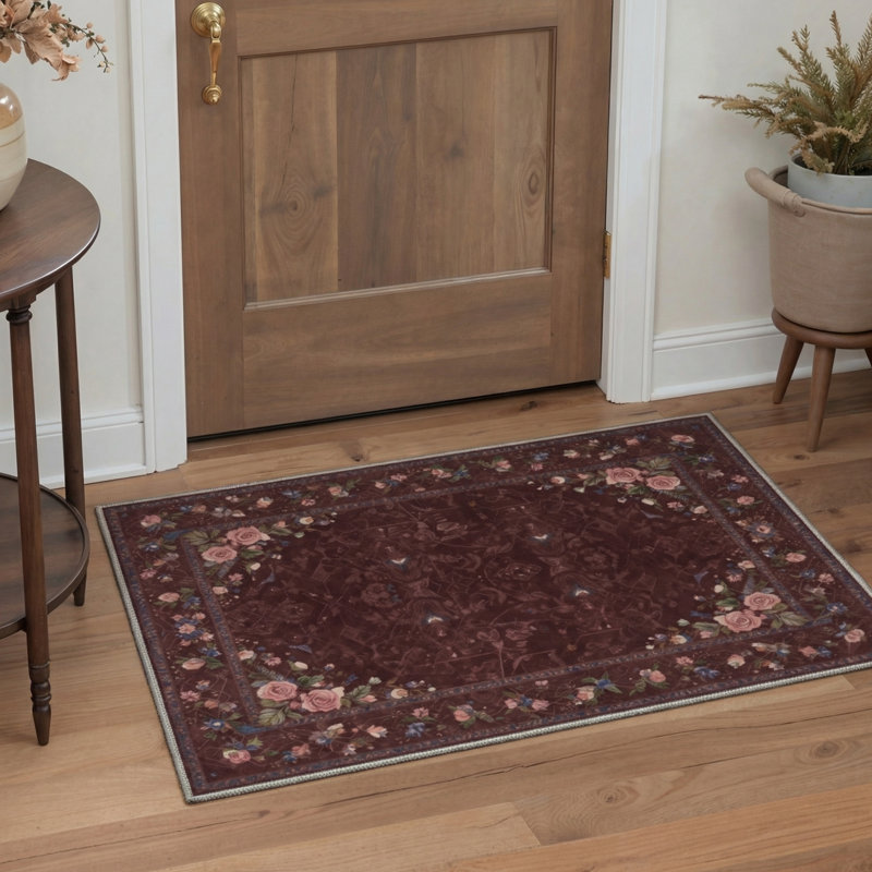 Alameda Roselyn Vintage Floral Machine Washable Red / Pink / Green Indoor Area Rug with Non-Slip Backing, Rectangle 6' x 9'