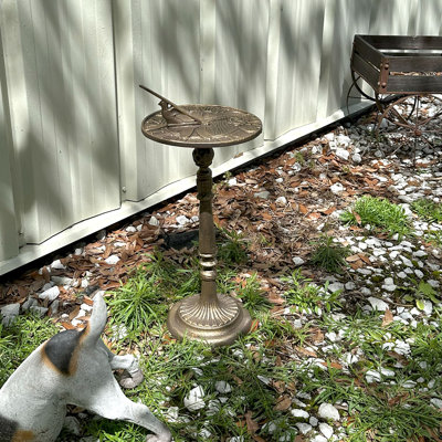 Bronze cast iron dragonfly sundial garden ornament with rustic patina, 21.25 inches high