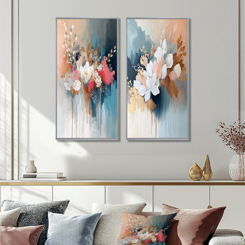 Ensemble de 2 pièces d'art mural blanc doré à motif floral Brushstroke III, H 40 po x l 40 po, Encadrement argenté