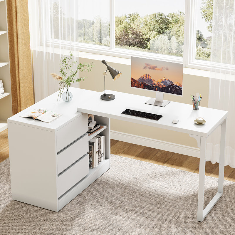 Reversible L Shaped Computer Desk With Drawer Cabinet, White