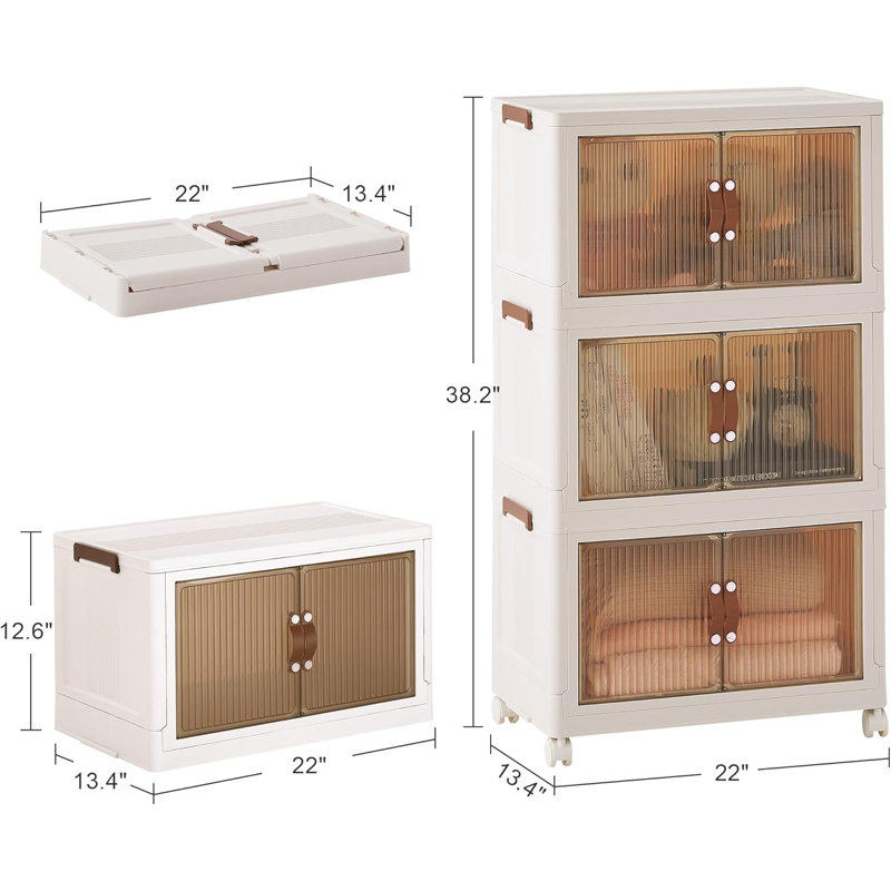16 Gal Stackable Storage Bins With Lid 3 Pack Plastic Collapsible Storage Cabinet Foldable Folding Box Organizer/Storage Container Cart With Wheel And Door White