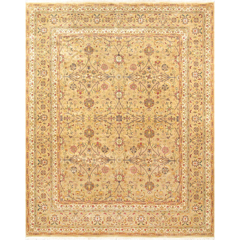 Tabriz Oriental Hand-Knotted Wool/Silk Beige/Rust/Navy Area Rug, Rectangle 5'1'' x 6'11''