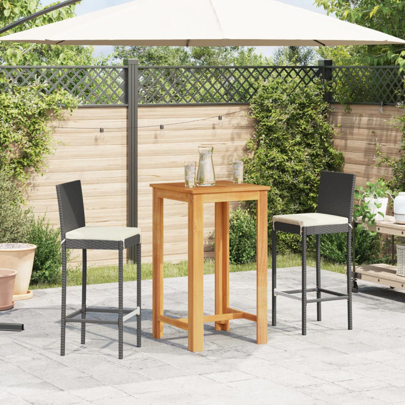 Wildon Home® 3 Piece Patio Bar Set Black Solid Wood Acacia And Poly Rattan, Black/White