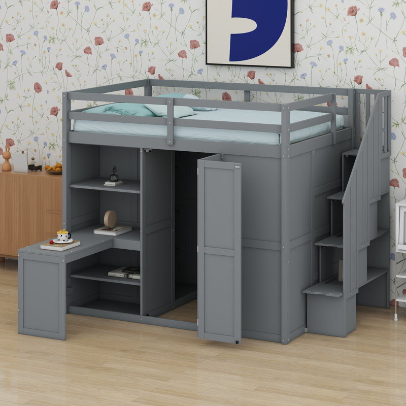 Lit mezzanine avec garde-robe, bureau et tablettes, Gris