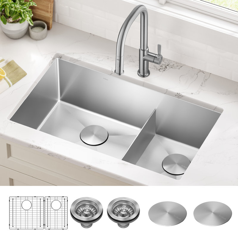 KRAUS Standart PRO™ Undermount 60/40 Double Bowl 16 Gauge Stainless Steel Kitchen Sink, 10"H x 19"W x 32"L