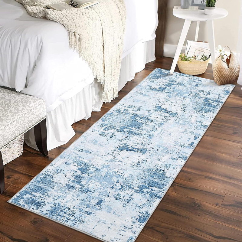Tapis moderne abstrait pour salon, chambre à coucher et couloir, Blue, Runner 2' x 6'