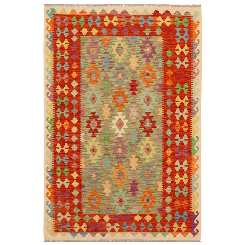 Tapis marocain rectangulaire en laine noué à la main 5 pi x 6 pi 4 po bleu / rouille / beige / rouge Parmood