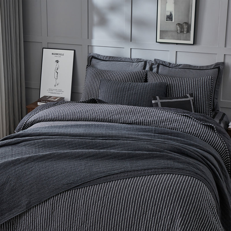 Pinstripe Black Cotton Reversible Full Quilt Set
