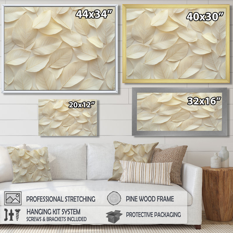 Ivoire, feuilles, collage, feuillage IV - art mural feuilles, H 34 po x l 44 po, Impression encadrée flottante, Crème, crème