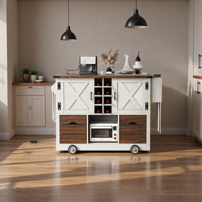 54" Farmhouse Kitchen Island With Drop Leaf, Power Outlet, Kitchen Storage Cart With 2 Doors, 2 Drawers, Rolling Kitchen Island On 4 Large Wheels With Spice Rack For Kitchen, Dining Room