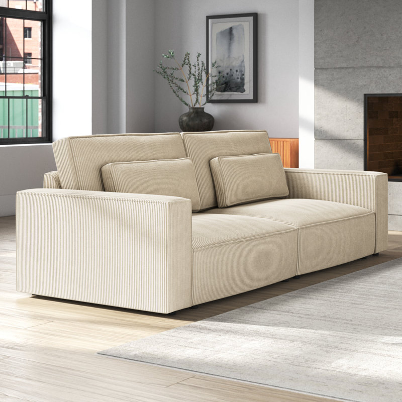 Brandiann 105.5" W Modern Soft Seat 4-Seater Sofa in Corduroy with 2 Back Pillows, Beige Corduroy