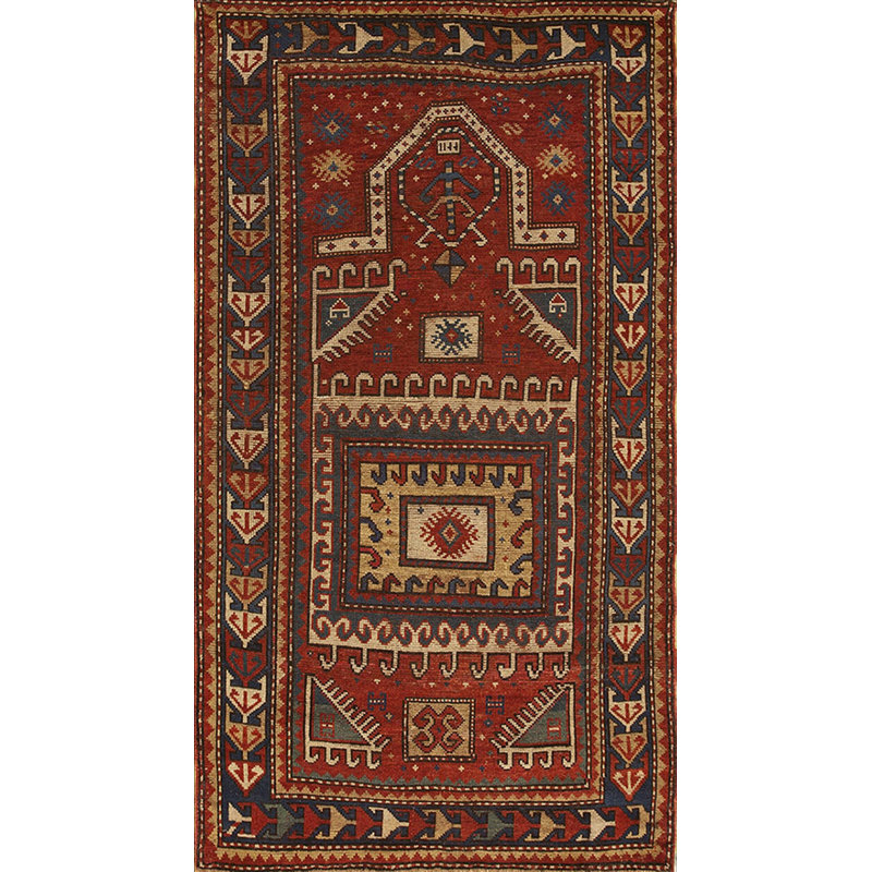 Late 19th Century Colorful Antique Tribal Geometric Caucasian Kazak Islamic Prayer Rug