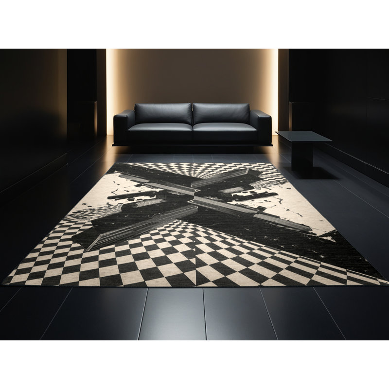 Machine Washable Orkan Sao Paulo Skyline Modern & Contemporary Checkered Rug in Beige – Black Binding, 7x9