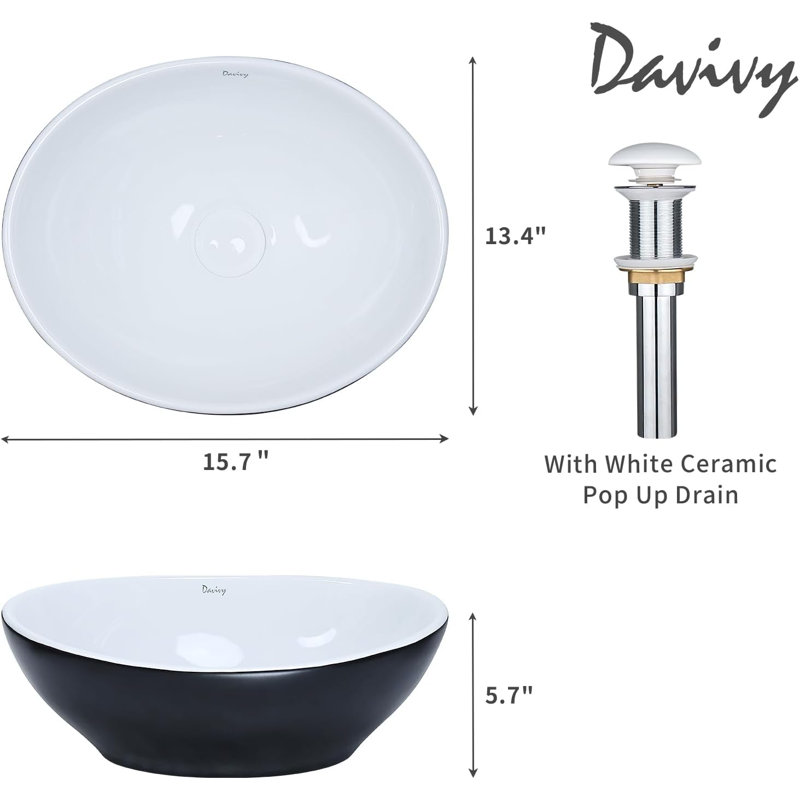 Davivy 15.7'' X 13.4'' Matte Black Oval Vessel Sink With Pop Up Drain Bathroom Vessel Sinks Ceramic Vessel Sink