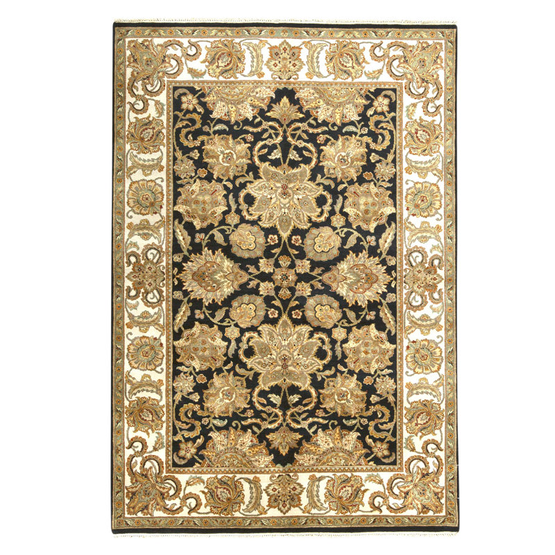 Tapis noir et ivoire de haute qualité noué à la main