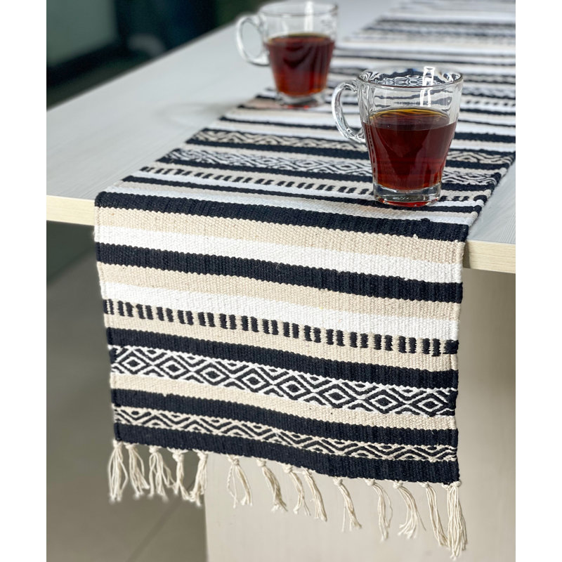 Montano Geometric Cotton Blend Table Runner, Black/White, 72" Rectangle