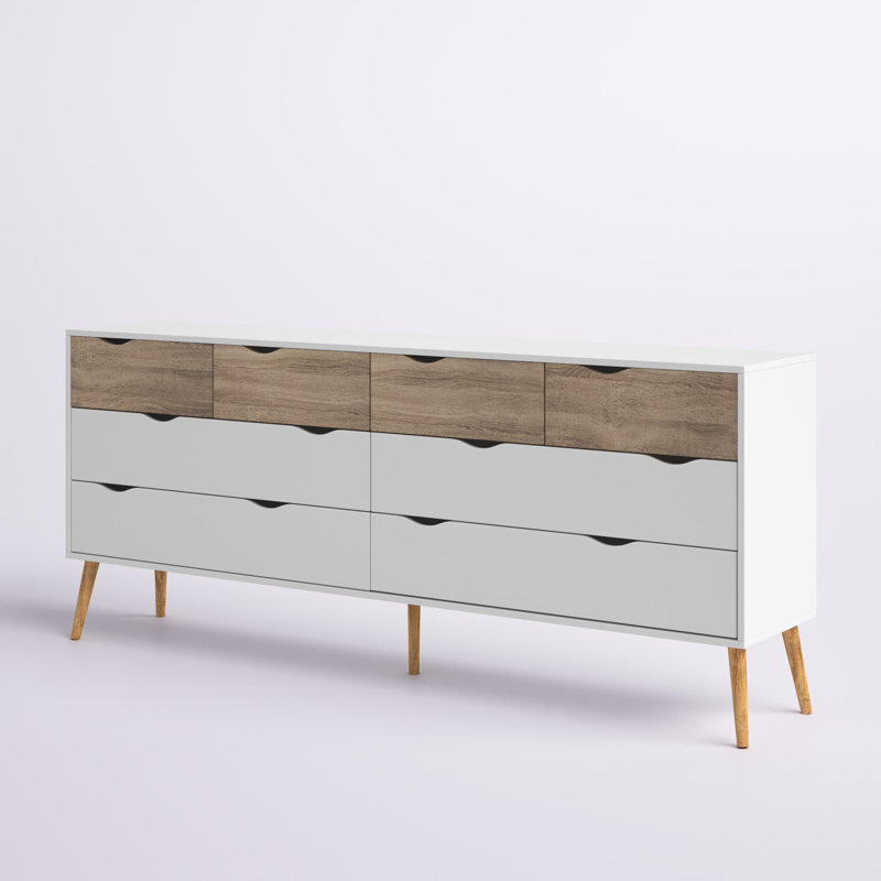 Justus 8 Drawer 77.05" W Double Dresser, Oak/White