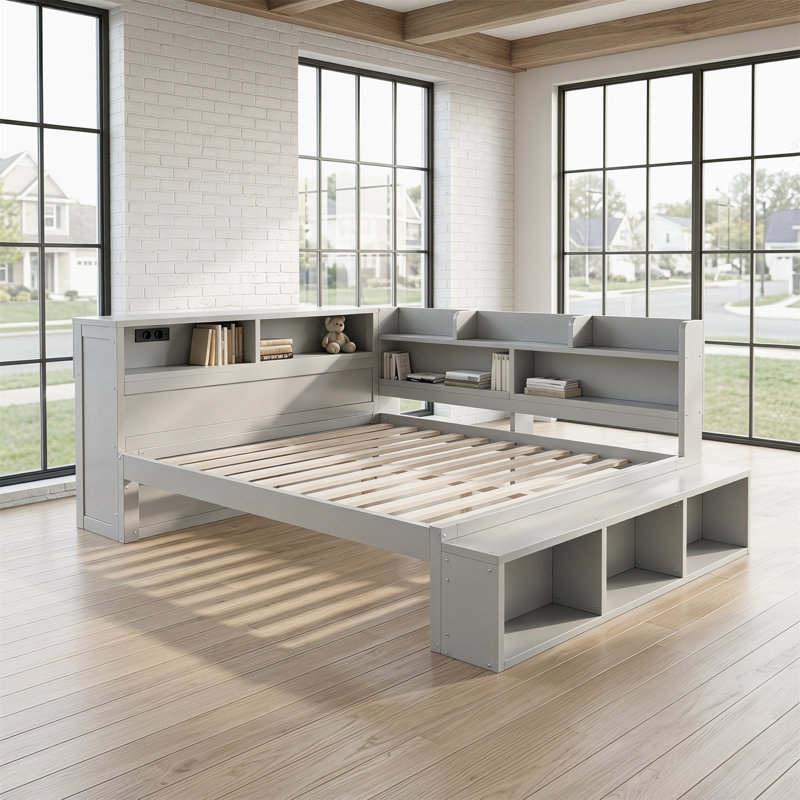 Structure de lit double pleine grandeur avec compartiments de rangement, étagère à chaussures et ports USB, convenant à la chambre à coucher