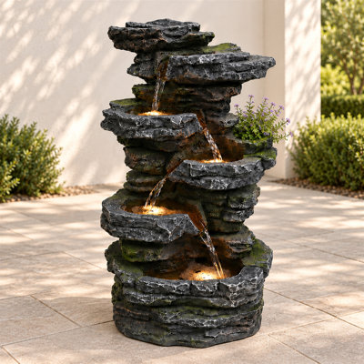 Fontaine d'extérieur à 5 niveaux avec cascade de pierres, éclairage DEL et jardinière