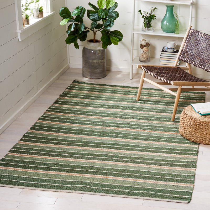 Geissler Hand Woven Jute/Cotton/Wool Striped Rug in Green/Natural, Rectangle 5' x 8'