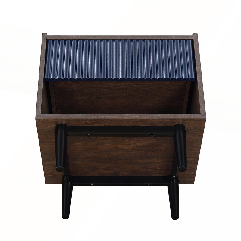 Table de chevet Mid-Century moderne avec tiroir pleine extension et tablette bleu marine Duane, Brun foncé / bleu marine