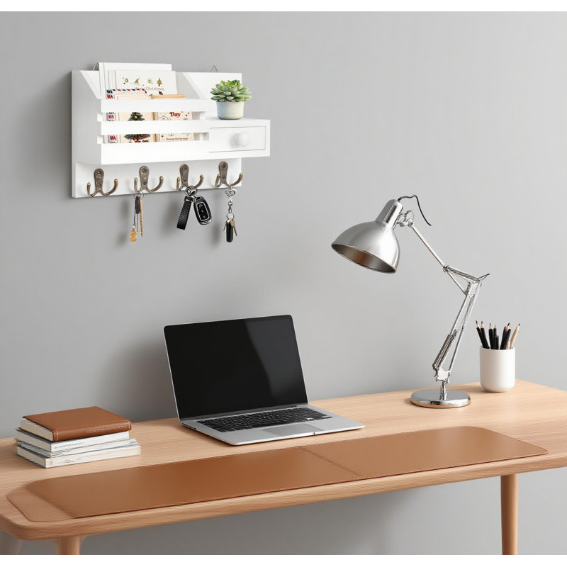 Porte-clés mural avec organisateur de courrier, tablette en bois, 8 crochets et tiroir, options d'installation double, Blanc