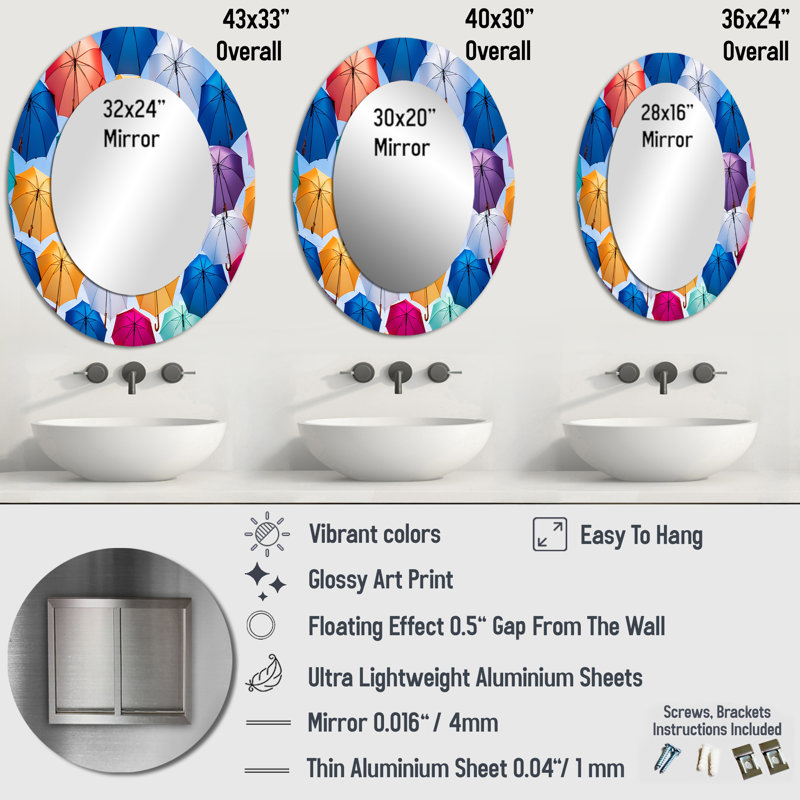 Ciel plein de parapluies colorés I - Décoration murale ovale multicolore, H 36 po x l 24 po