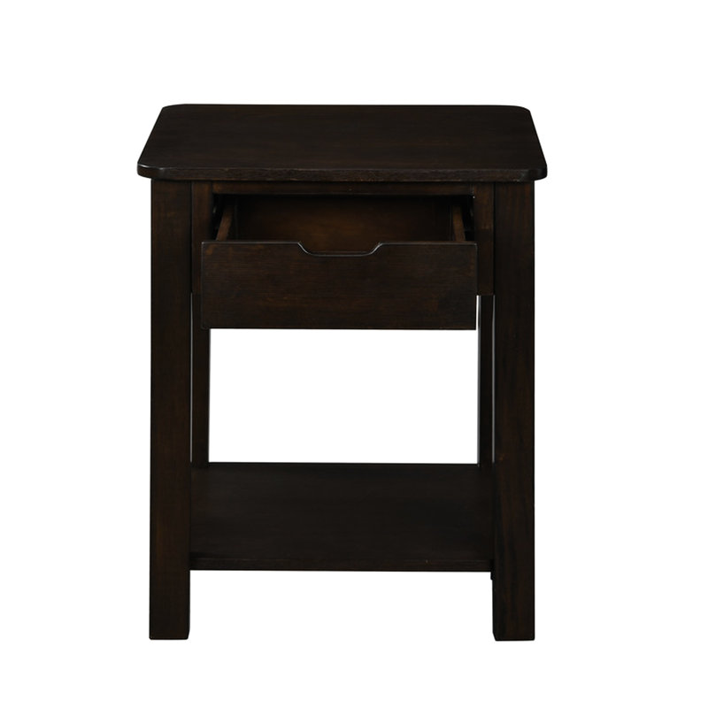 Table de bout de chambre à coucher brun foncé, tablette inférieure, espace entre le tiroir de 13 po et table de 24 po de hauteur avec tiroir, tablette à rebords arrondis sans poignée pour un rangement supplémentaire