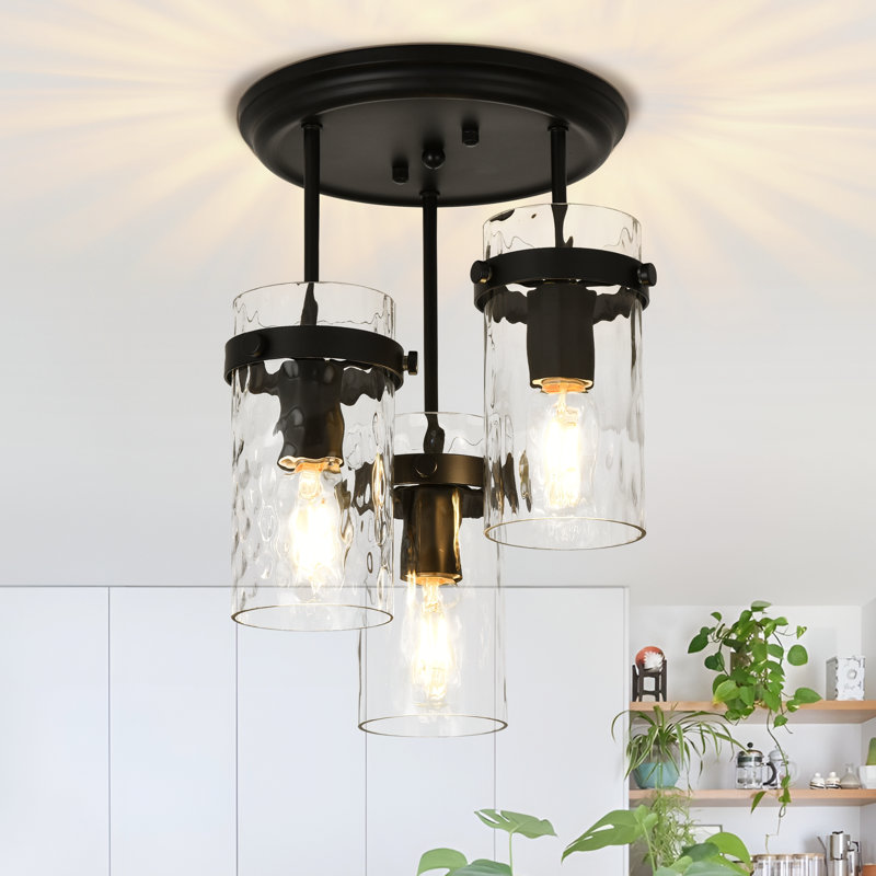 Levona 3- Light Semi Flush Mount Ceiling Light with Clear Hammered Glass Shade (Matte Black), Matte Black