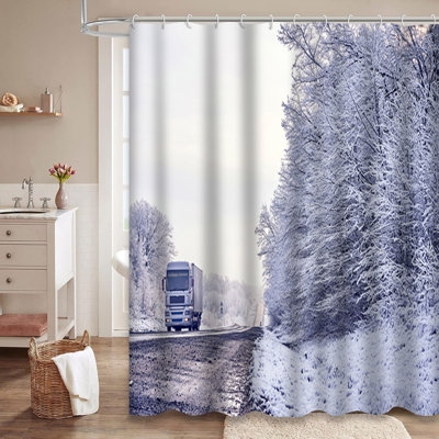 Winter Truck Snow Forest Road Blizzard Shower Curtain with 12 Hooks
