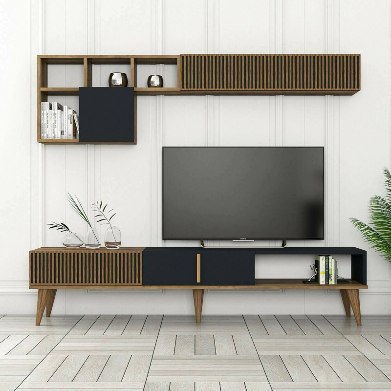 Dmalavas Unfinished TV Stand for TVs up to 88", Walnut/Anthracite