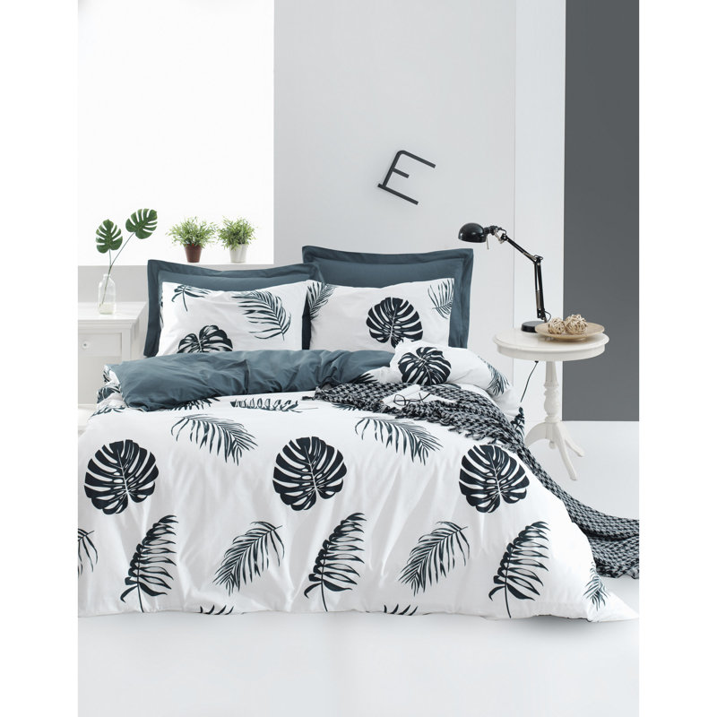 Ensemble de housse de couette 100% coton Monstair blanc / noir / bleu foncé