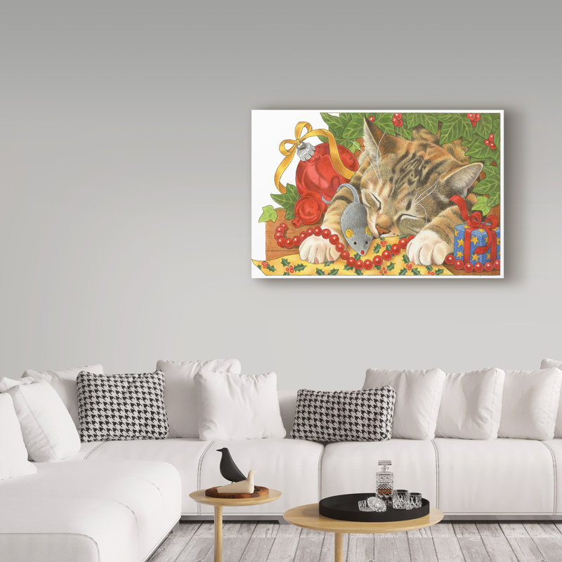 Christmas Cat Sleeping Under Tree Canvas Art, 19"x12"