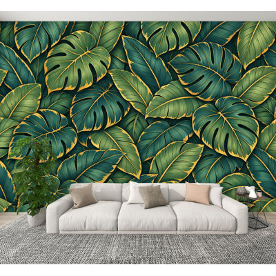 Peel and Stick Wallpaper Abstract Rainforest Jungle Botanical Leaf Green Gold Lines Wall Murals 100"H x 144"W Removable PVC Wall Paper Self-Adhesive Wall Decor for Bedroom Living Room Home Office