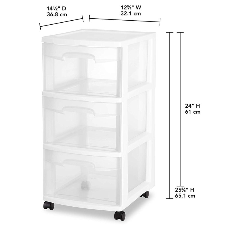 Sterilite 3 Drawer Storage Cart, Rolling Cart with Wheels to Organize Clothes in Bedroom, Closet