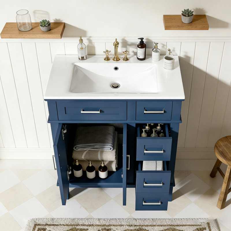 Meuble-lavabo moderne avec lavabo en céramique, 30"+Blue