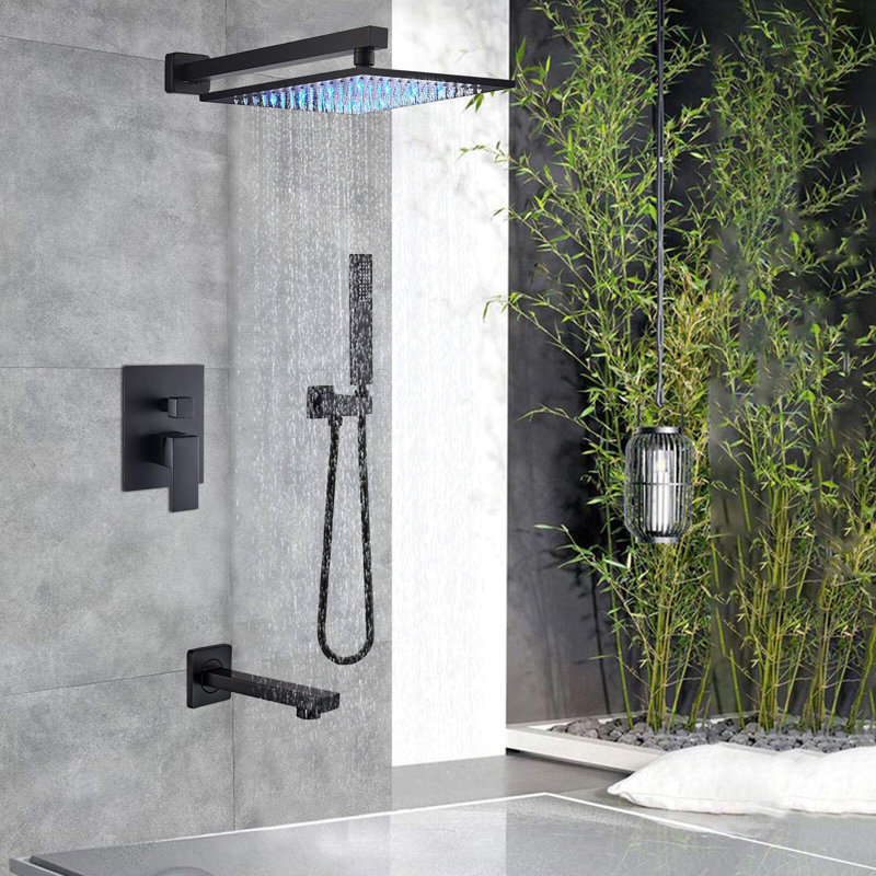 LED Bathroom 12" Rain Shower Faucet Combo Set Black Trim Combo Set Tub Spout Tap